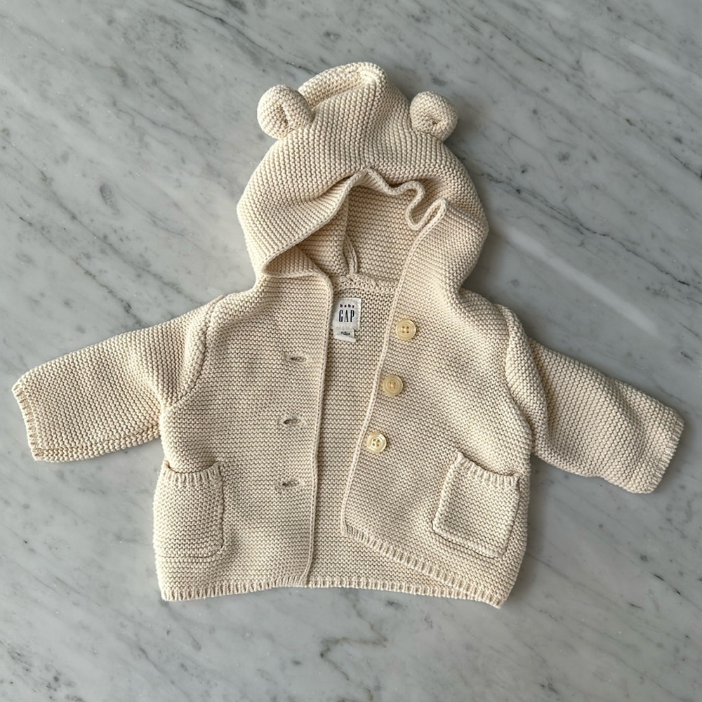 Baby Gap Bear Cardigan, French Vanilla White, 0-3M